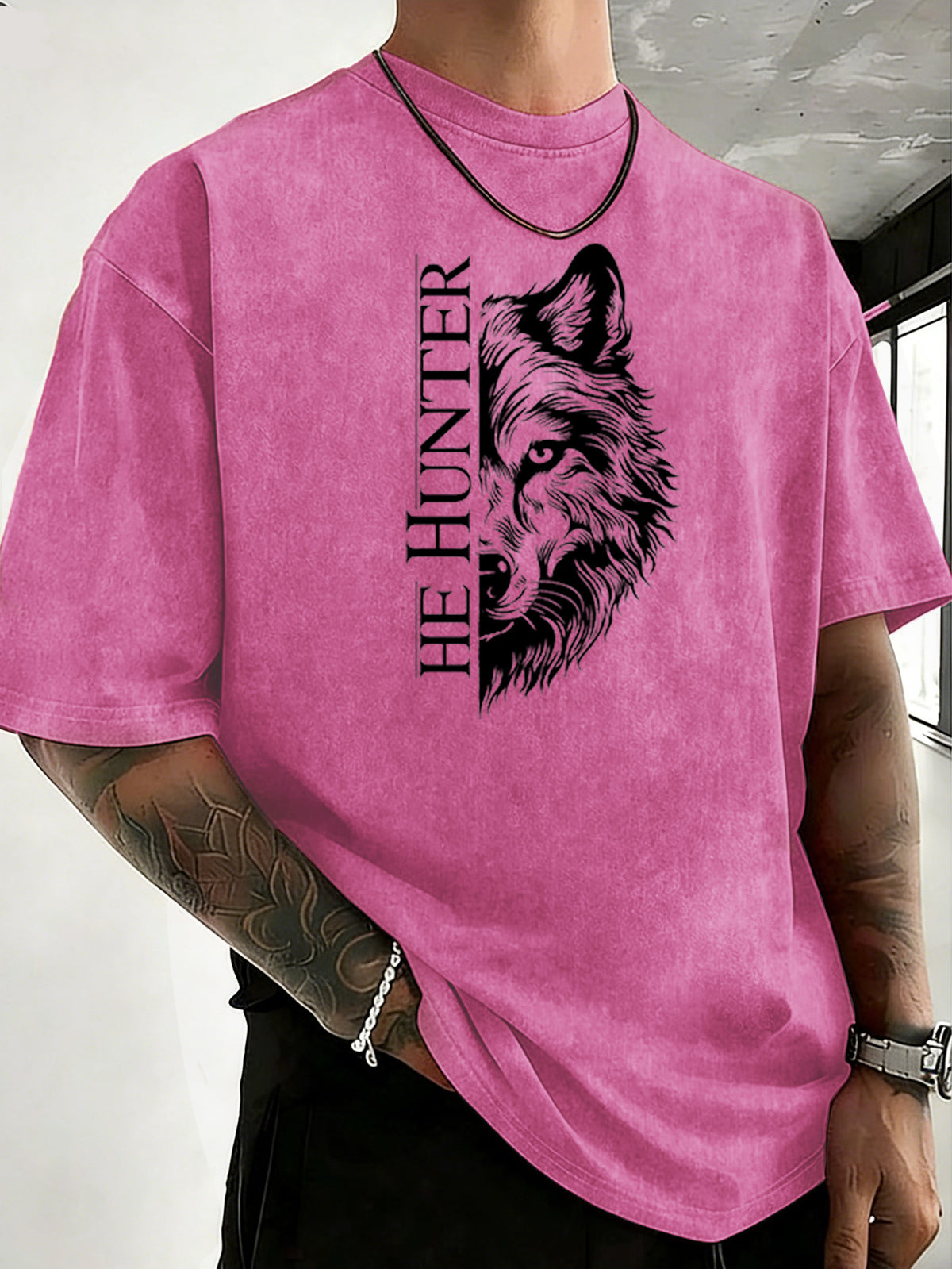 Vintage Washed Loose Double-Faced Print T-Shirt with Letter Pattern, Unisex Classic Basic Style, Soft And Durable Short Sleeve, Suitable for Students And Office Workers - Rose Red