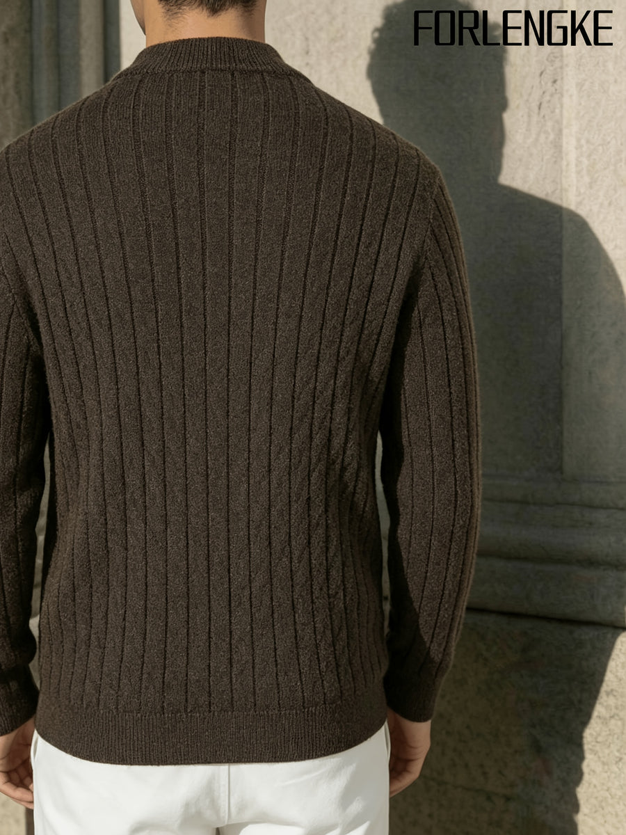 FORLENGKE New Stylish Men's Business Casual Stand Collar Cable Knit Zip Up Cardigan, Soft Warm Long Sleeve Knit Jacket for Fall Winter Office Daily Wear - Coffee Color