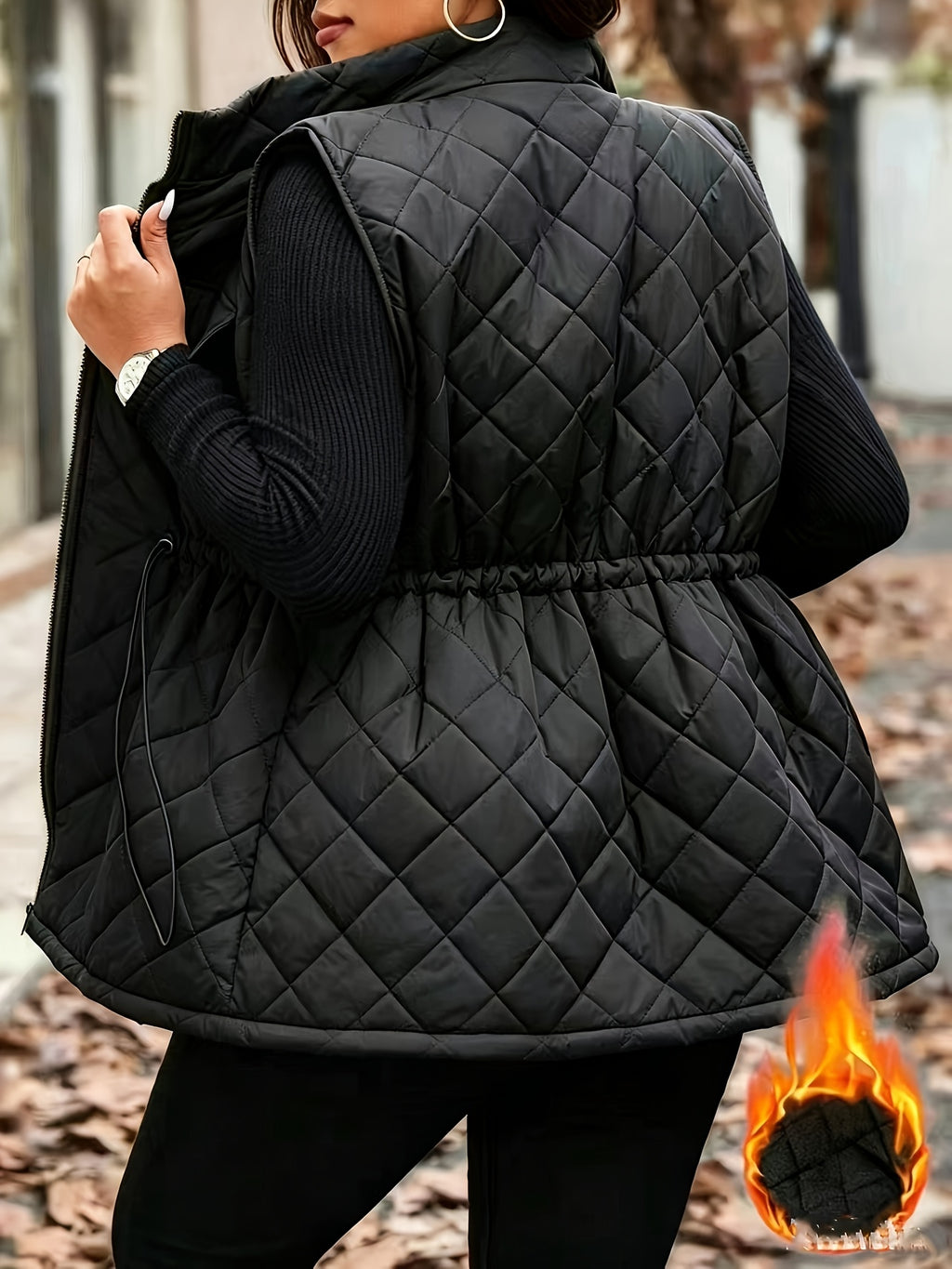 ASD1 Autumn Winter Diamond Quilted Vest Women'S Waist Cincher Drawstring Stand Collar Sleeveless Camisole Thick Warm Casual Outerwear, Western Style New Stand Collar Quilted Vest Women'S Drawstring Waist Pocket Warm Sleeveless Jacket Versatile Top - Black