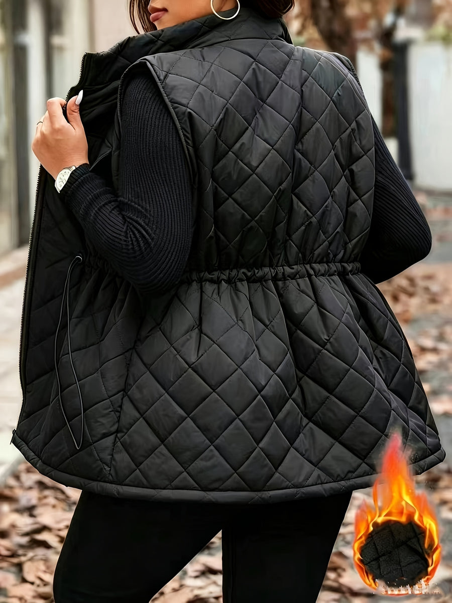ASD1 Autumn Winter Diamond Quilted Vest Women'S Waist Cincher Drawstring Stand Collar Sleeveless Camisole Thick Warm Casual Outerwear, Western Style New Stand Collar Quilted Vest Women'S Drawstring Waist Pocket Warm Sleeveless Jacket Versatile Top - Black