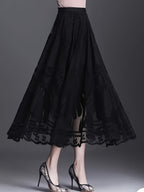Elegant Women's A-Line Lace Skirt - Long Pleated Design with Intricate Floral Patterns, Lightweight Polyester, Ideal for Spring/Summer/Fall Events, Spring Summer Fashion|Aline Skirt|Polyester Fabric - Black