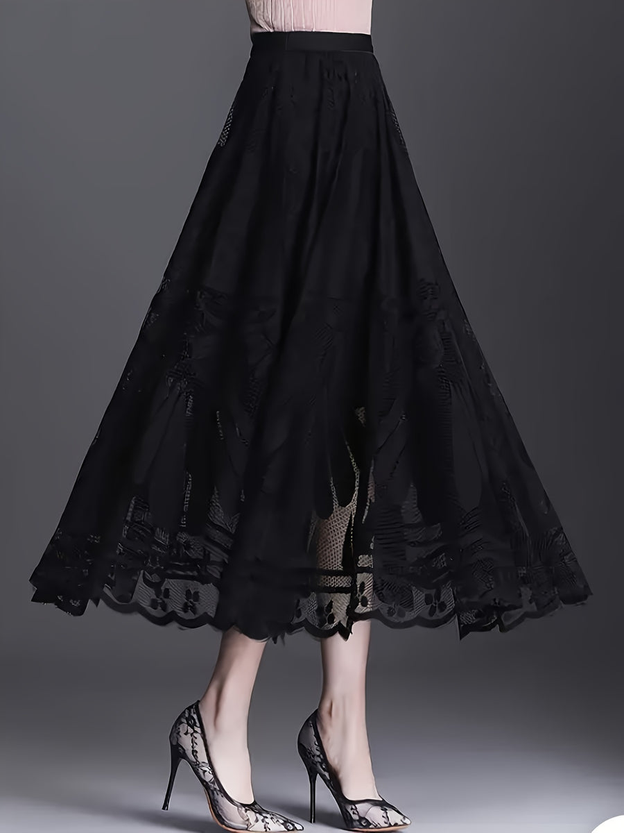 Elegant Women's A-Line Lace Skirt - Long Pleated Design with Intricate Floral Patterns, Lightweight Polyester, Ideal for Spring/Summer/Fall Events, Spring Summer Fashion|Aline Skirt|Polyester Fabric - Black