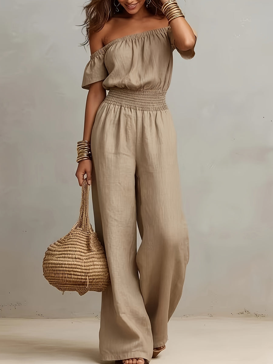 Vintage Off-the-Shoulder Sexy Sleeveless Drawstring Waist Wide-Leg Jumpsuit - Khaki