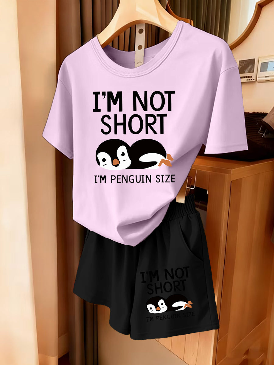 2pcs Women'S Summer Short Sleeve Set - I'M NOT SHORT Fun Penguin Print Short Sleeve And Shorts Outfit, Comfortable, Soft, Breathable Sportswear for Daily Wear, Suitable For, Campus, Valentine'S Day, Women'S Pajamas, Jogging, Fitness - Light Purple+Black