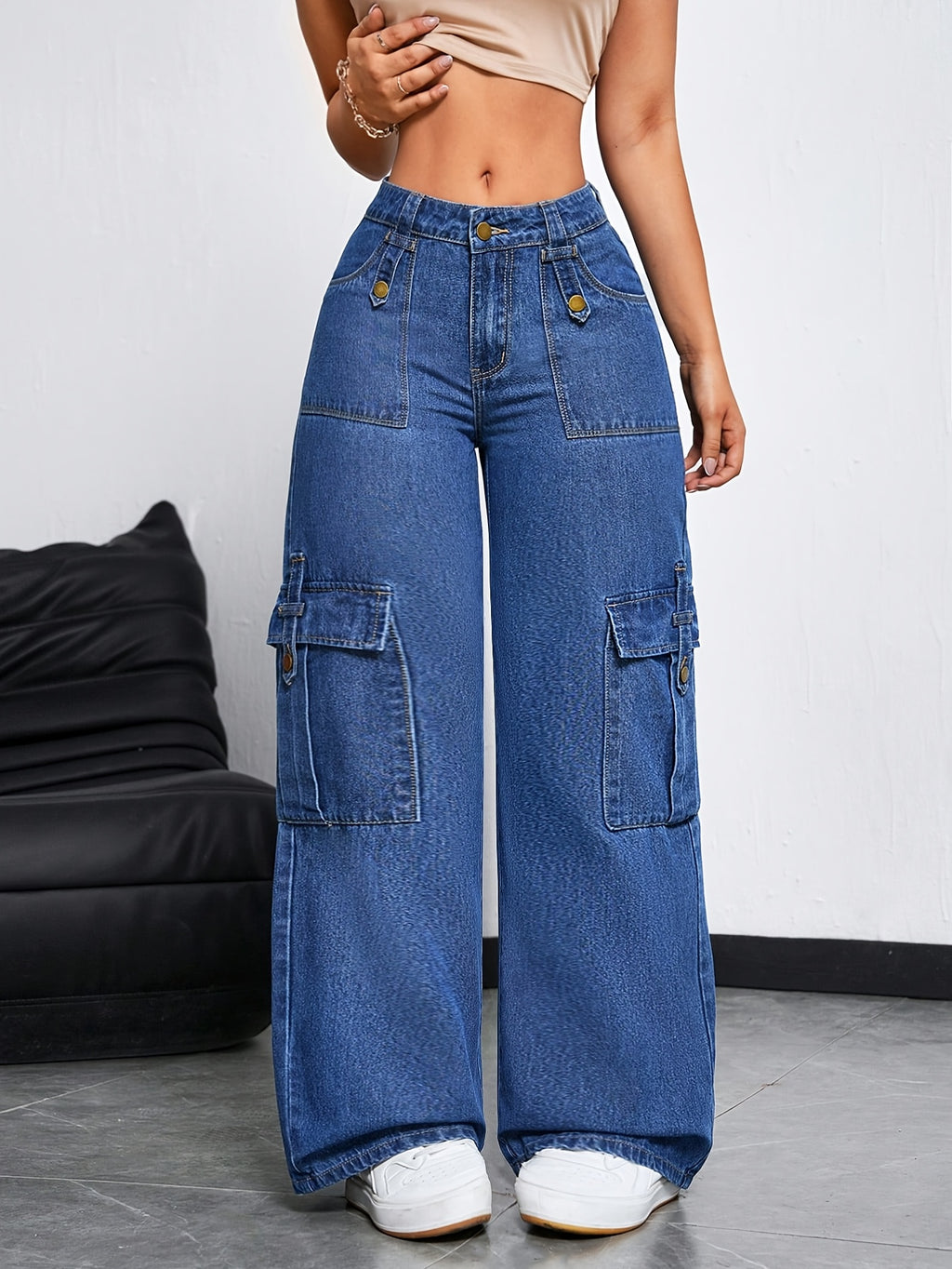 Women'S Slight Stretch Multi-Pocket Baggy Trousers, Individual Decor Natural Wash Craft Straight Wide Cargo Faux Denim, Trendy Street Styledenim - Blue