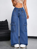 Women'S Slight Stretch Multi-Pocket Baggy Trousers, Individual Decor Natural Wash Craft Straight Wide Cargo Faux Denim, Trendy Street Styledenim - Blue