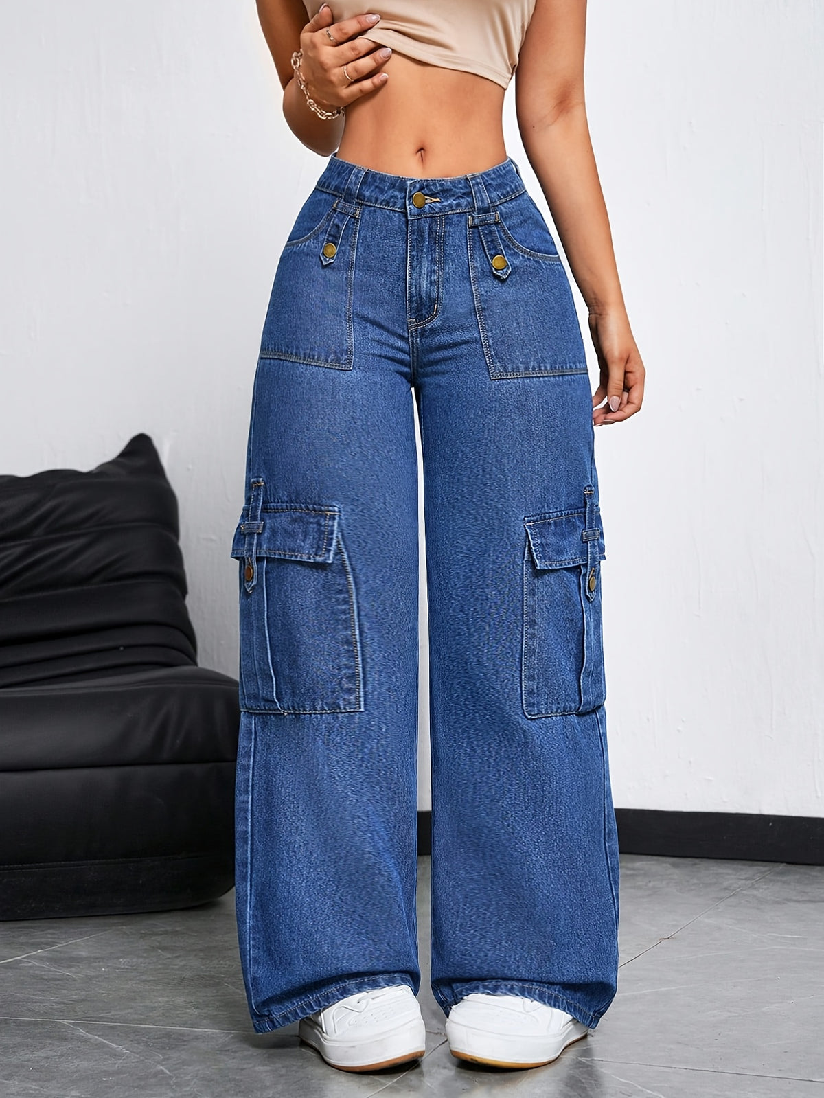 Women'S Slight Stretch Multi-Pocket Baggy Trousers, Individual Decor Natural Wash Craft Straight Wide Cargo Faux Denim, Trendy Street Styledenim - Blue