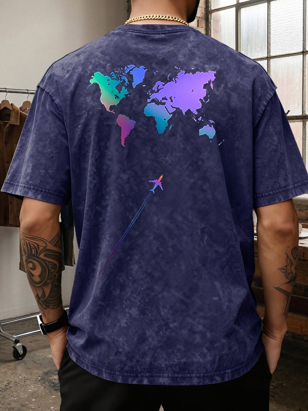 Men's Heavyweight T-Shirt Washed Distressed Gradient World Map Airplane Fashion Print Vintage Heavy Cotton Streetwear High Street Style Summer Casual Versatile Gym Fitness Daily Commute Tee 2026 Urban Fashion - Royal Blue
