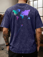 Men's Heavyweight T-Shirt Washed Distressed Gradient World Map Airplane Fashion Print Vintage Heavy Cotton Streetwear High Street Style Summer Casual Versatile Gym Fitness Daily Commute Tee 2026 Urban Fashion - Royal Blue