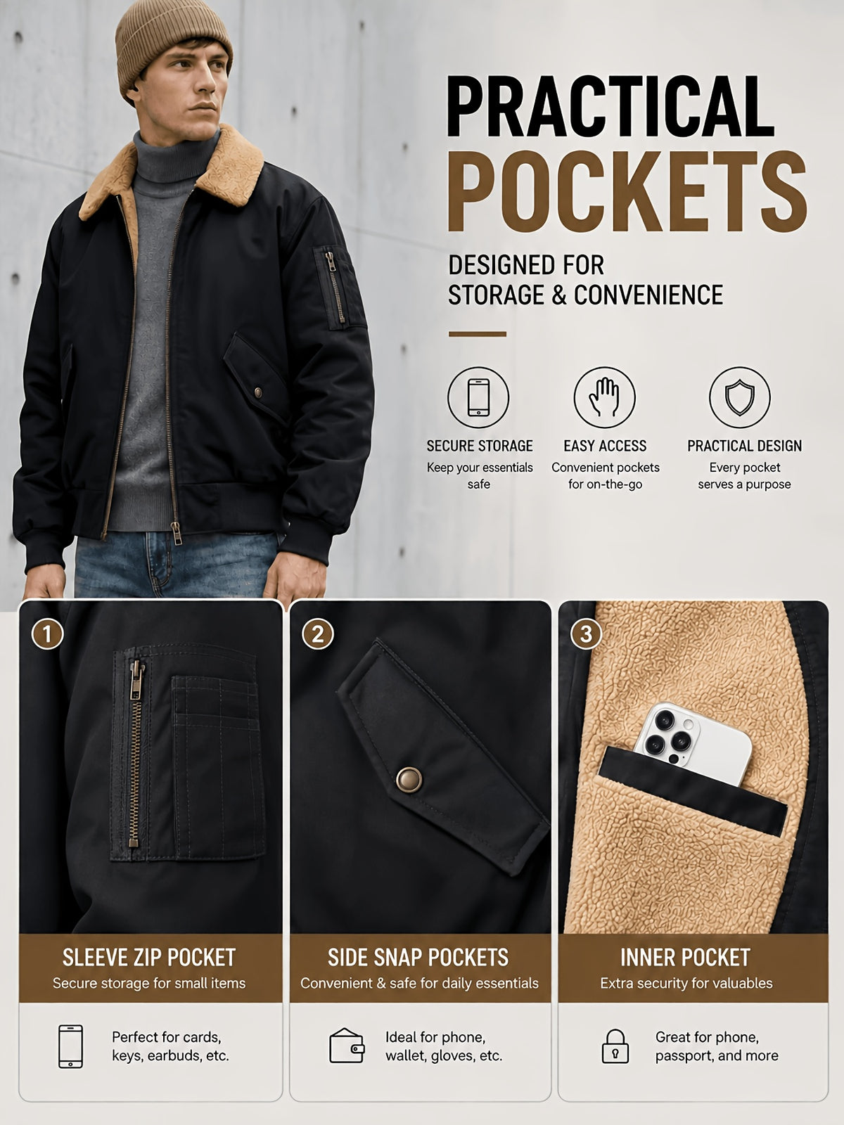 Men'S Autumn Winter Jacket Fleece Bomber Jacket Faux Lamb Shear Fleece Windproof Warm Jacket - Black