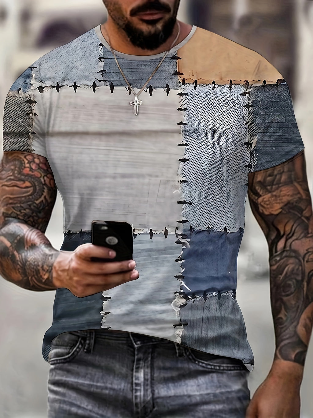 Digital Print - Men's Novelty Color Block Short Sleeve Crew Neck T-Shirt, Summer Outdoor [Print Design - Not Textured] [Print Design - Not Textured] - Mixed colors