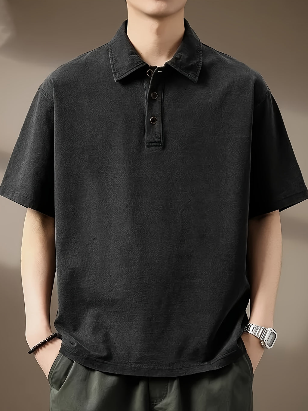 Men's American-Style Denim Short-Sleeve Polo Shirt, Summer Loose-Fit Lapel Heavyweight Premium T-Shirt - Black