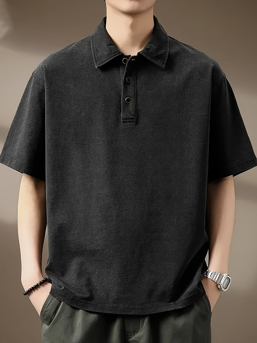 Men's American-Style Denim Short-Sleeve Polo Shirt, Summer Loose-Fit Lapel Heavyweight Premium T-Shirt - Black