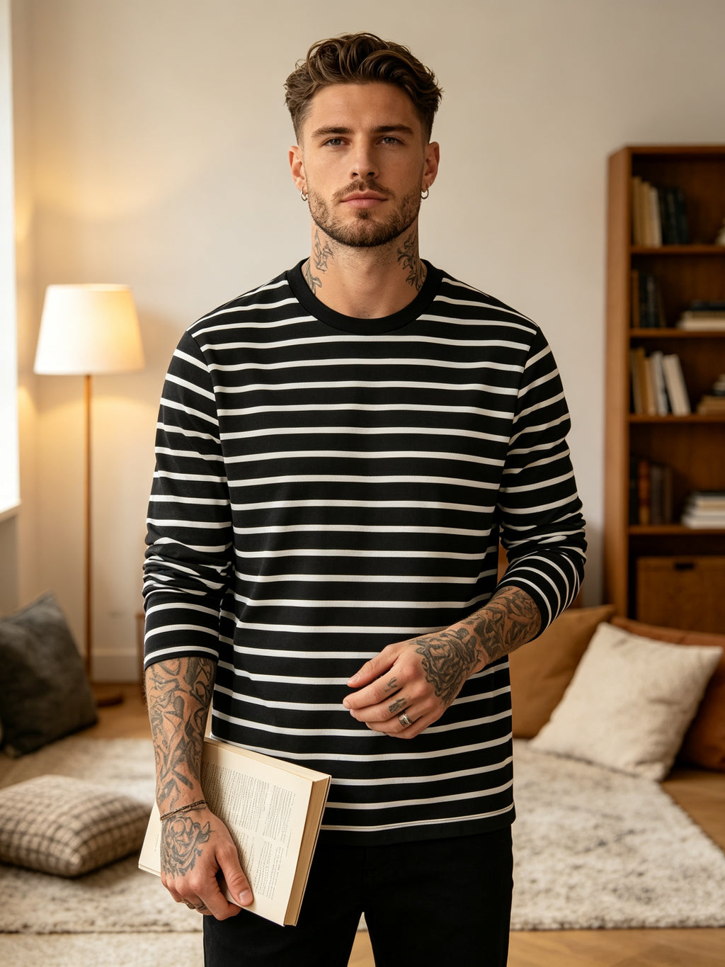 [Printed Design-NotTextured]Men's Autumn Long Sleeve T Shirt, Classic Black Base White Horizontal Stripe Print Street Minimalist Trendy Casual Top for Multi Occasions - Mixed colors