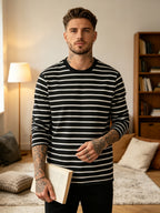 [Printed Design-NotTextured]Men's Autumn Long Sleeve T Shirt, Classic Black Base White Horizontal Stripe Print Street Minimalist Trendy Casual Top for Multi Occasions - Mixed colors