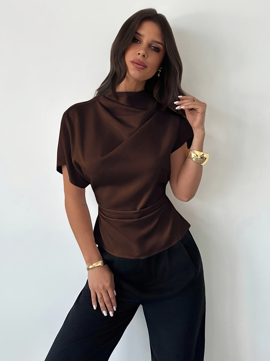 Asymmetrical Sleeve Side Ruched Waist Commuter Women'S Blouse, All-Season - Coffee Brown
