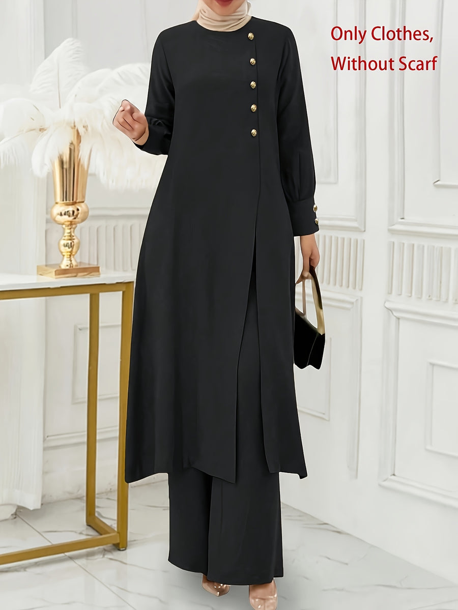 Ramadan, Women's Front-Button Long Sleeve Slit Dress & Pants Casual Arabic Style 2pcs Set, Only Clothes, Without Headscarf - Black