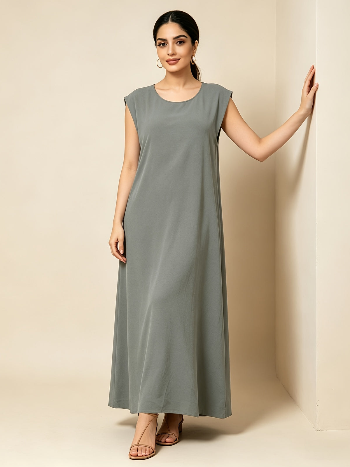 1pc Solid Color Elegant Casual Spring Autumn Suitable for Women'S Daily Base Layer Vest Abaya Muslim Dress Robe Summer Abaya - Dark Gray