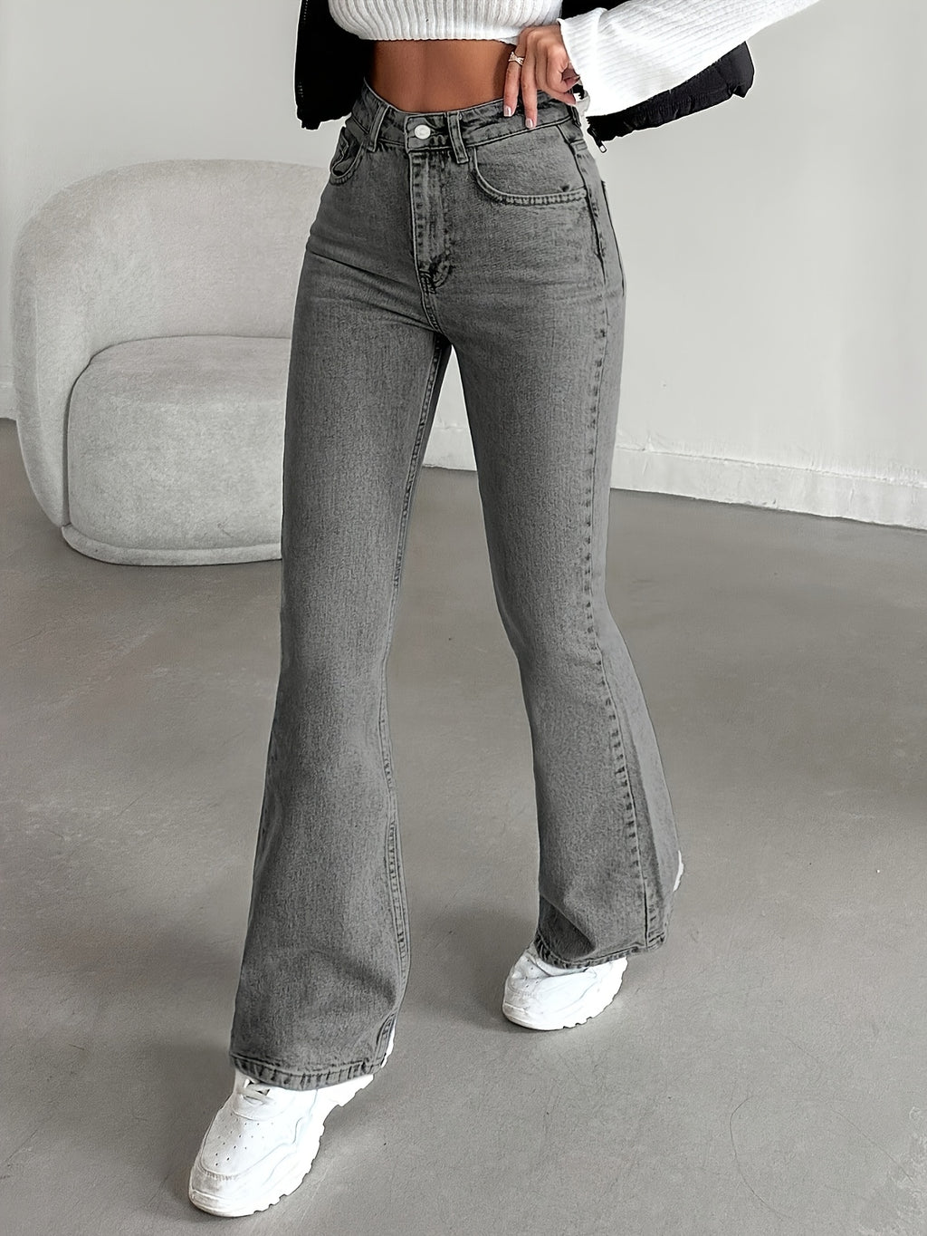 New Premium Gray High Waist Flare Jeans, Y2K Vintage Hip Lifting, Wear-resistant & Slim Fit, Versatile for Commute & Travel, Music Festival Outfits, Festival Casual, Ramadan Daily Wear, Fashion Party Style, Women's Denim Pants Season - Dark Gray