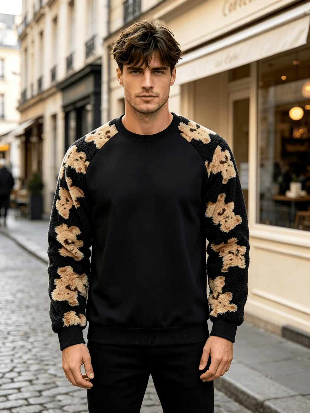 Men'S Autumn Winter Round Neck Puff Sleeve Plush Sweatshirt, Fashionable Bear-Colored Patchwork Pattern And Solid Color Design, Wrinkle-Resistant Soft Knit Material, Very Practical. Suitable for Students' Daily Wear on Campus, Outings, Dates - Black