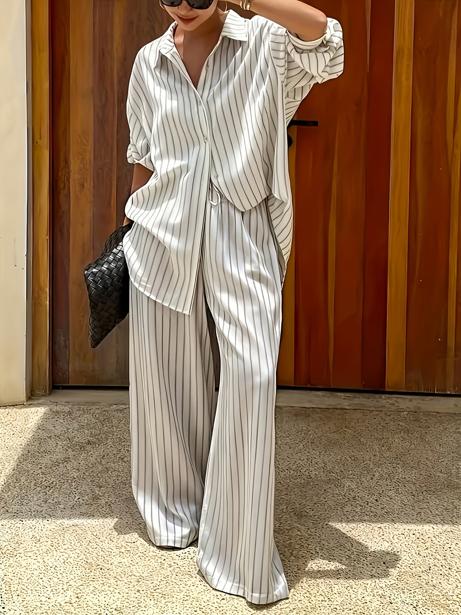 Striped Loose-fit Set with a Draped Feel, Creating a Casual and Laid-back Vibe. The Relaxed Silhouette and Striped Pattern Offer a Sophisticated Texture, Perfect for a Relaxed yet Refined Mature-casual Style. Suitable for Light Social Occasions Such - White