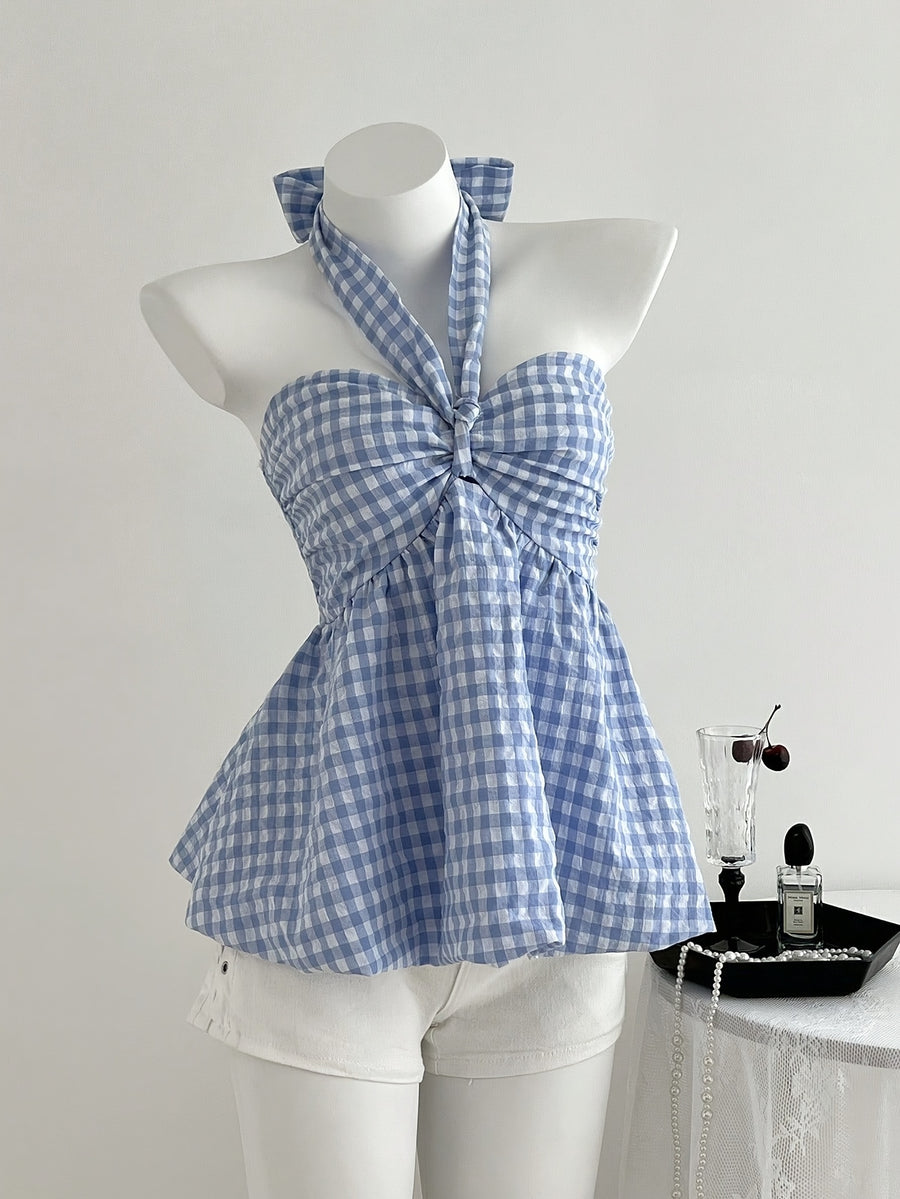 Blue Plaid Pleated Short Suspender Dress with Tie, Perfect for Parties, Dates, Birthday Celebrations, Afternoon Tea Gatherings, and Everyday Casual Chic Style Dates - Blue