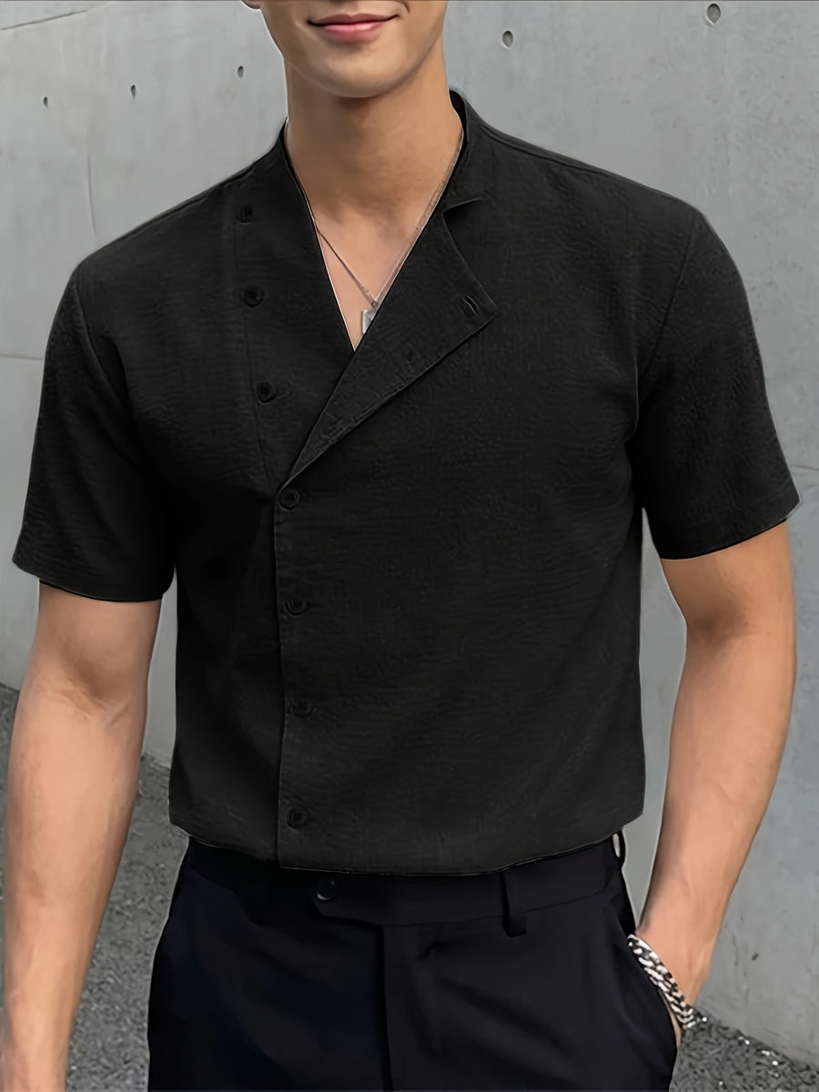 Men'S Casual Solid V-Neck Short Sleeve Shirt - Black