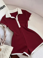 1 Piece of Color-blocked Elegant Slim-fit Lapel Mini Jumpsuit with White Trim, a for Back-to- Season and Daily Wear - Burgundy