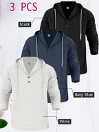 3pcs Men's Casual and Fashionable Hoodies, Made of Linen Material, Suitable for Outdoor Leisure, Adjustable Drawstring Hoodies, the First Choice Men's Tops in Spring and Autumn - White+navy+black