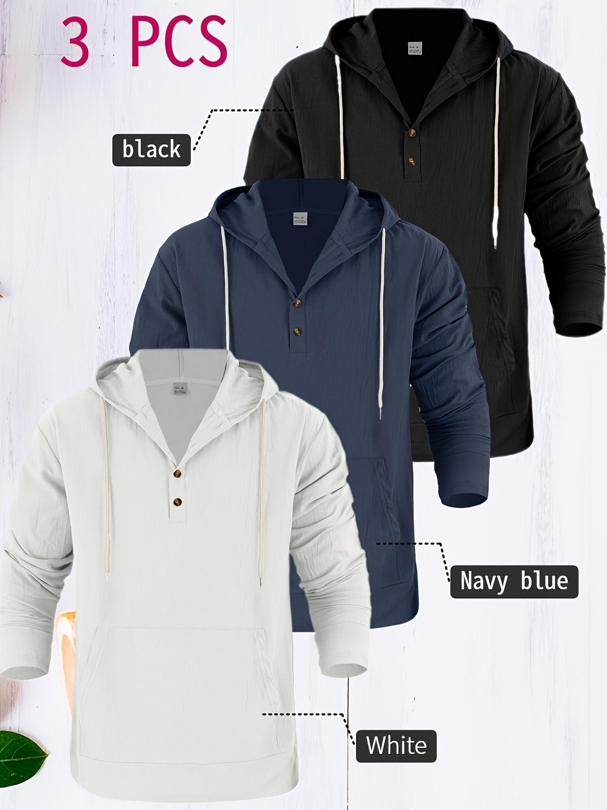 3pcs Men's Casual and Fashionable Hoodies, Made of Linen Material, Suitable for Outdoor Leisure, Adjustable Drawstring Hoodies, the First Choice Men's Tops in Spring and Autumn - White+navy+black