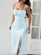 Long Sleeveless Side Slit Bodycon Dress with Red And Blue Floral Print, Spring/Summer - Light Cyan