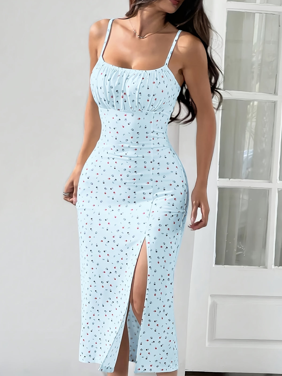 Long Sleeveless Side Slit Bodycon Dress with Red And Blue Floral Print, Spring/Summer - Light Cyan