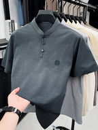 Men's Chinese Mandarin Button-Up Stand Collar T-Shirt - Breathable Loose Fit Short Sleeve Round Neck Top with Mandarin Collar, Suitable for Casual Wear, Traditional Chinese Style Button Collar Shirt - Dark Gray