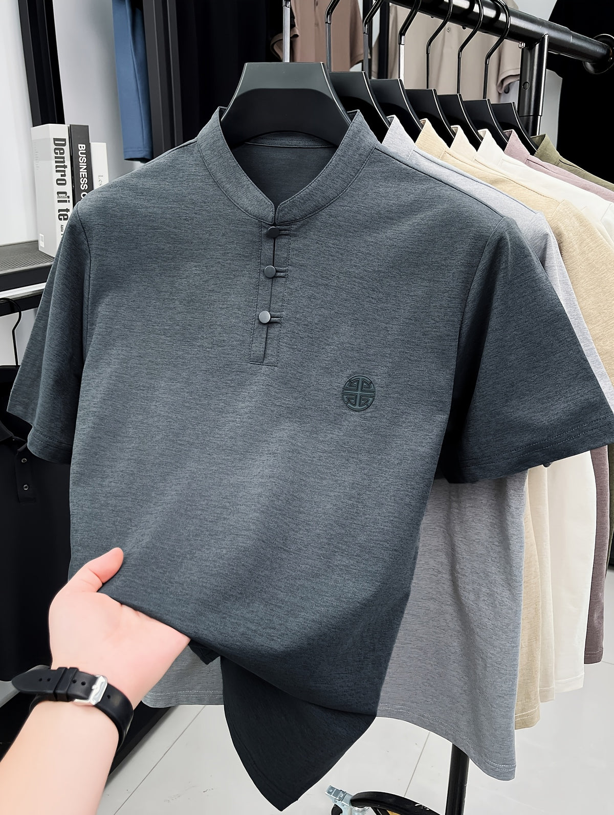 Men's Chinese Mandarin Button-Up Stand Collar T-Shirt - Breathable Loose Fit Short Sleeve Round Neck Top with Mandarin Collar, Suitable for Casual Wear, Traditional Chinese Style Button Collar Shirt - Dark Gray