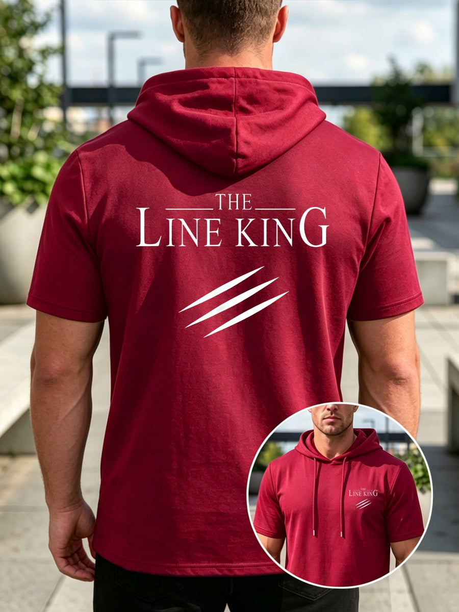 Men'S Casual Versatile Hooded Short-Sleeved T-Shirt, Lion Claw Mark Double-Sided Pattern, English Print - Burgundy