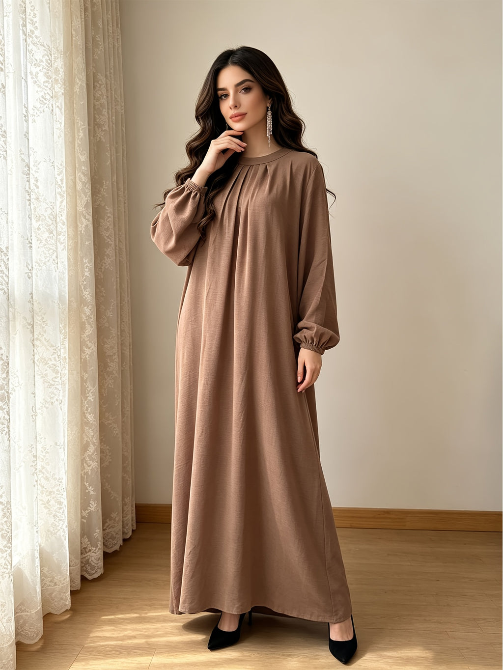 1pc (Headscarf Not Included) Solid Color Ruffled Neckline Long Robe Elegant Dress All-Season Casual Party Wear (Abaya) Women'S Muslim Attire Muslim Robe Ladies Summer Abaya Women'S Clothing - Khaki