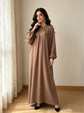 1pc (Headscarf Not Included) Solid Color Ruffled Neckline Long Robe Elegant Dress All-Season Casual Party Wear (Abaya) Women'S Muslim Attire Muslim Robe Ladies Summer Abaya Women'S Clothing - Khaki