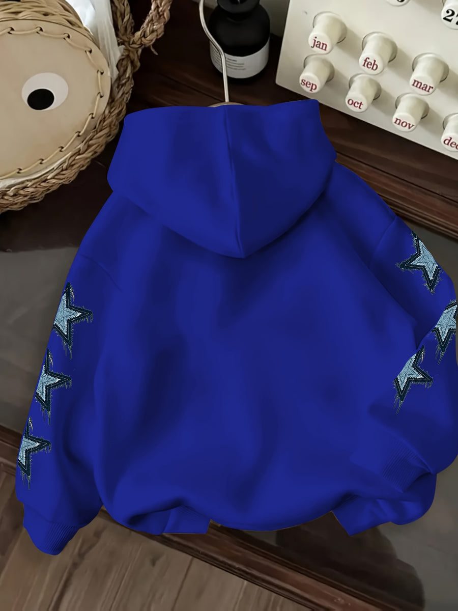 Vintage Denim Fringe Star Hooded Sweatshirt with All-Over Five-Pointed Star Print, a Versatile Casual Hoodie Top for Spring and Autumn - Blue