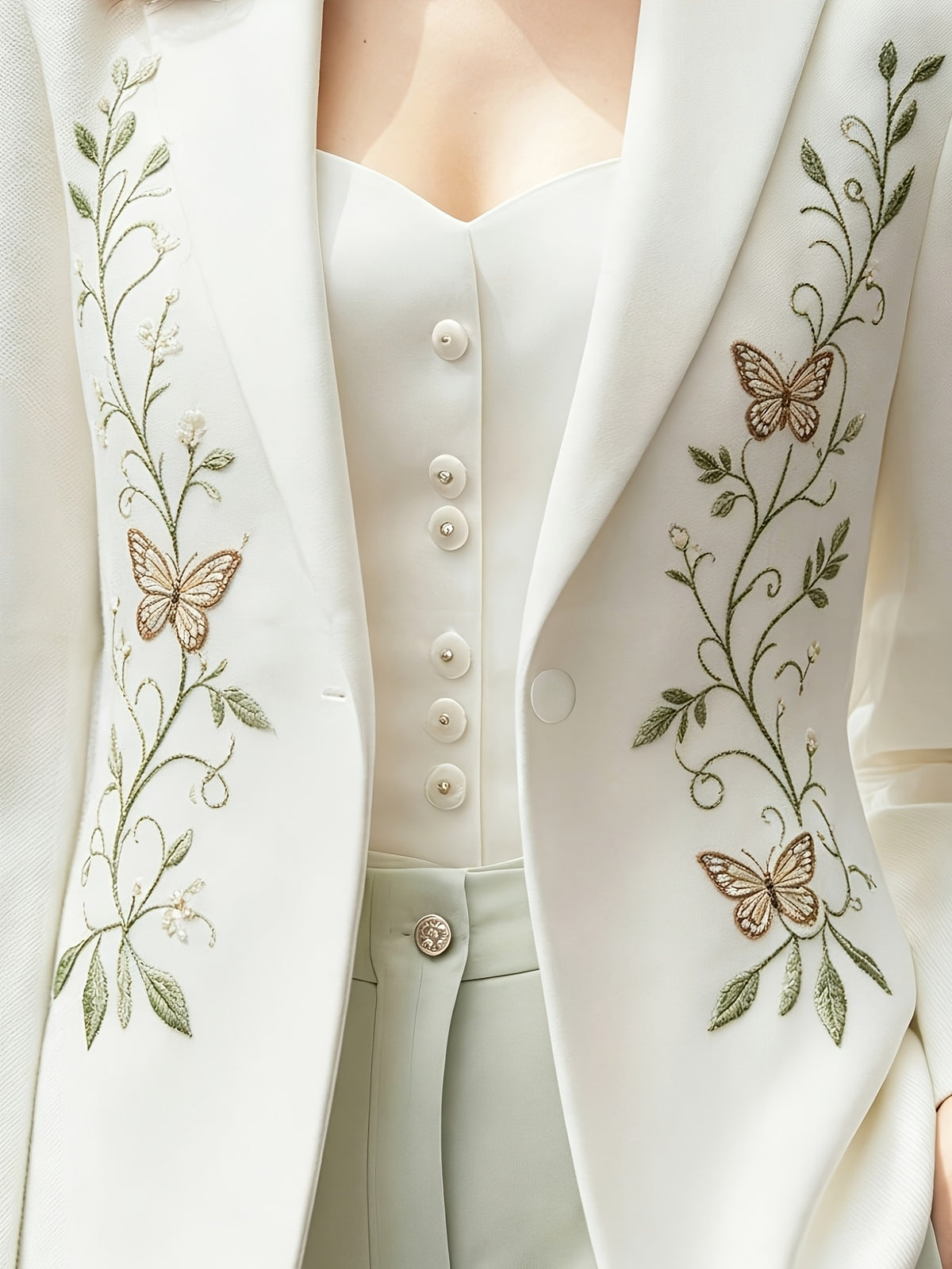 Women White Notched Lapel Blazer Elegant Floral Embroidery Slim Suit Jacket Elegant White Tailored Blazer Green Leaf Butterfly Embroidery Single Button Outerwear Vintage Floral Butterfly Embroidery White Blazer Ladies Formal Office Suit Jacket - butterfly embroidery