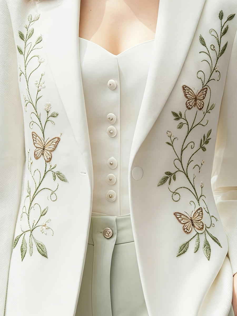 Women White Notched Lapel Blazer Elegant Floral Embroidery Slim Suit Jacket Elegant White Tailored Blazer Green Leaf Butterfly Embroidery Single Button Outerwear Vintage Floral Butterfly Embroidery White Blazer Ladies Formal Office Suit Jacket - butterfly embroidery