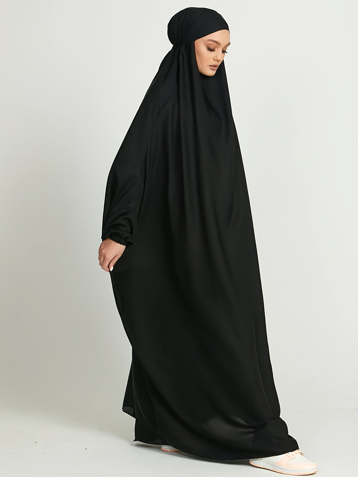 1pc Jilbab, 1pc Khimar with a Rich Drape, Cuffed Sleeves, and a Loose Fit, Suitable for Busy Daily Wear or Worship - Black
