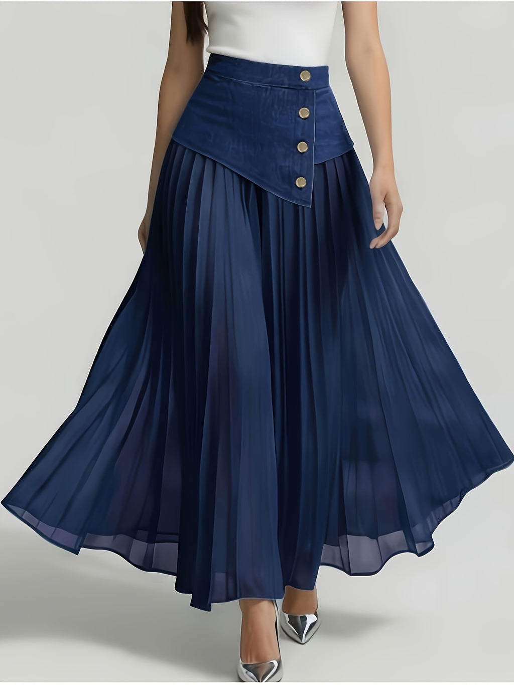 [Printed Skirt - Not Faux Denim Fabric]Temperament Commuter Imitation Faux Denim Patchwork Half Skirt, High-Waist Mesh Pleated Flared Long Dress Spring Summer Versatile Style Kydx - Navy Color