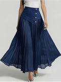 [Printed Skirt - Not Faux Denim Fabric]Temperament Commuter Imitation Faux Denim Patchwork Half Skirt, High-Waist Mesh Pleated Flared Long Dress Spring Summer Versatile Style Kydx - Navy Color