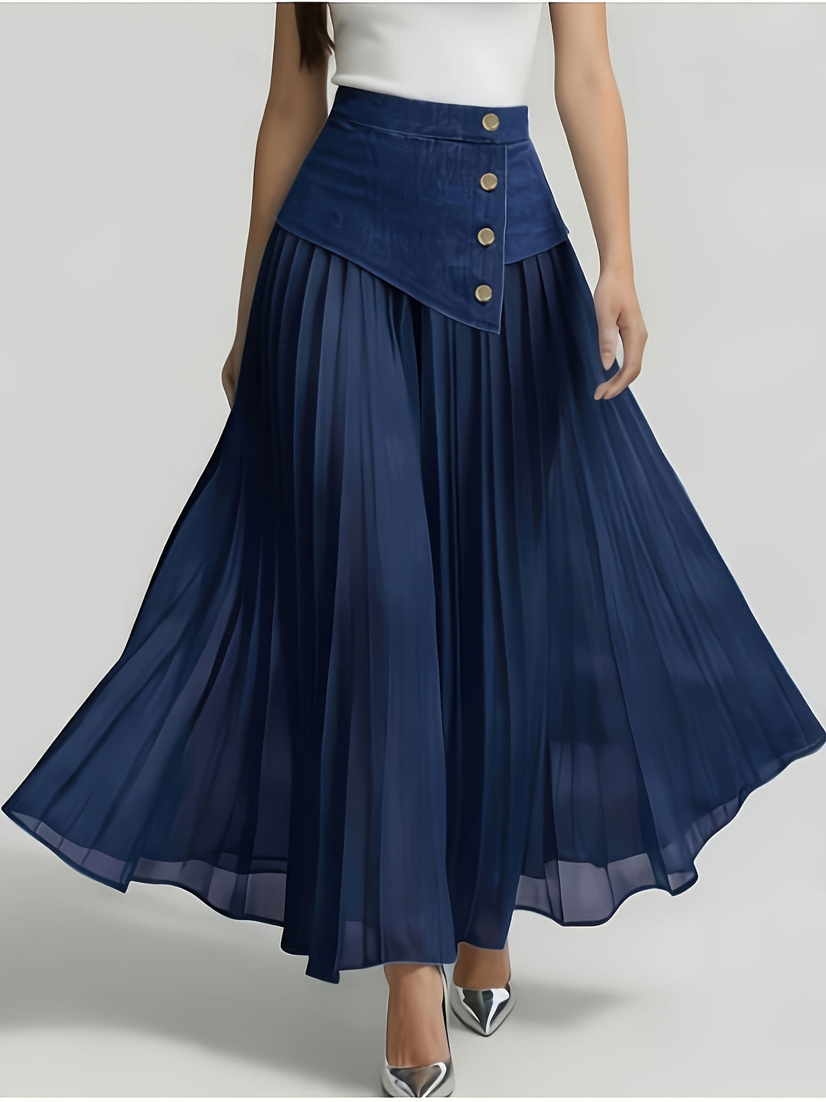 [Printed Skirt - Not Faux Denim Fabric]Temperament Commuter Imitation Faux Denim Patchwork Half Skirt, High-Waist Mesh Pleated Flared Long Dress Spring Summer Versatile Style Kydx - Navy Color