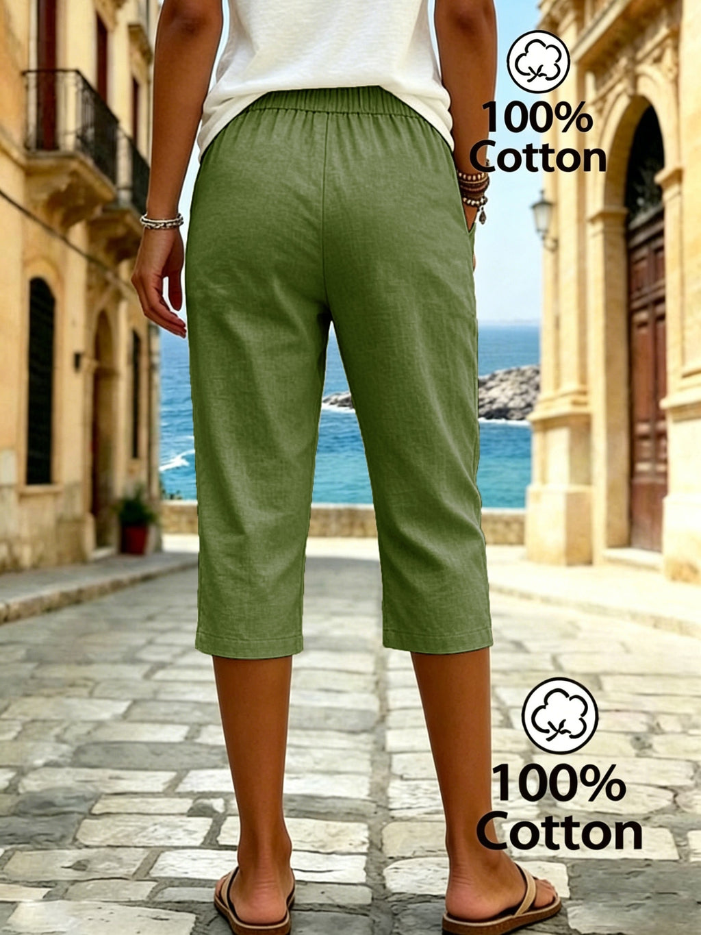 Women's Summer Solid Color Relaxed Fit Casual Mid-Length Pants, Made of Pure Fabric, with Elastic Waistband and Pockets. Loose-Fitting Mid-Length Pants, Suitable for Vacation and Daily Wear - Olive Green