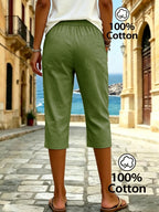 Women's Summer Solid Color Relaxed Fit Casual Mid-Length Pants, Made of Pure Fabric, with Elastic Waistband and Pockets. Loose-Fitting Mid-Length Pants, Suitable for Vacation and Daily Wear - Olive Green