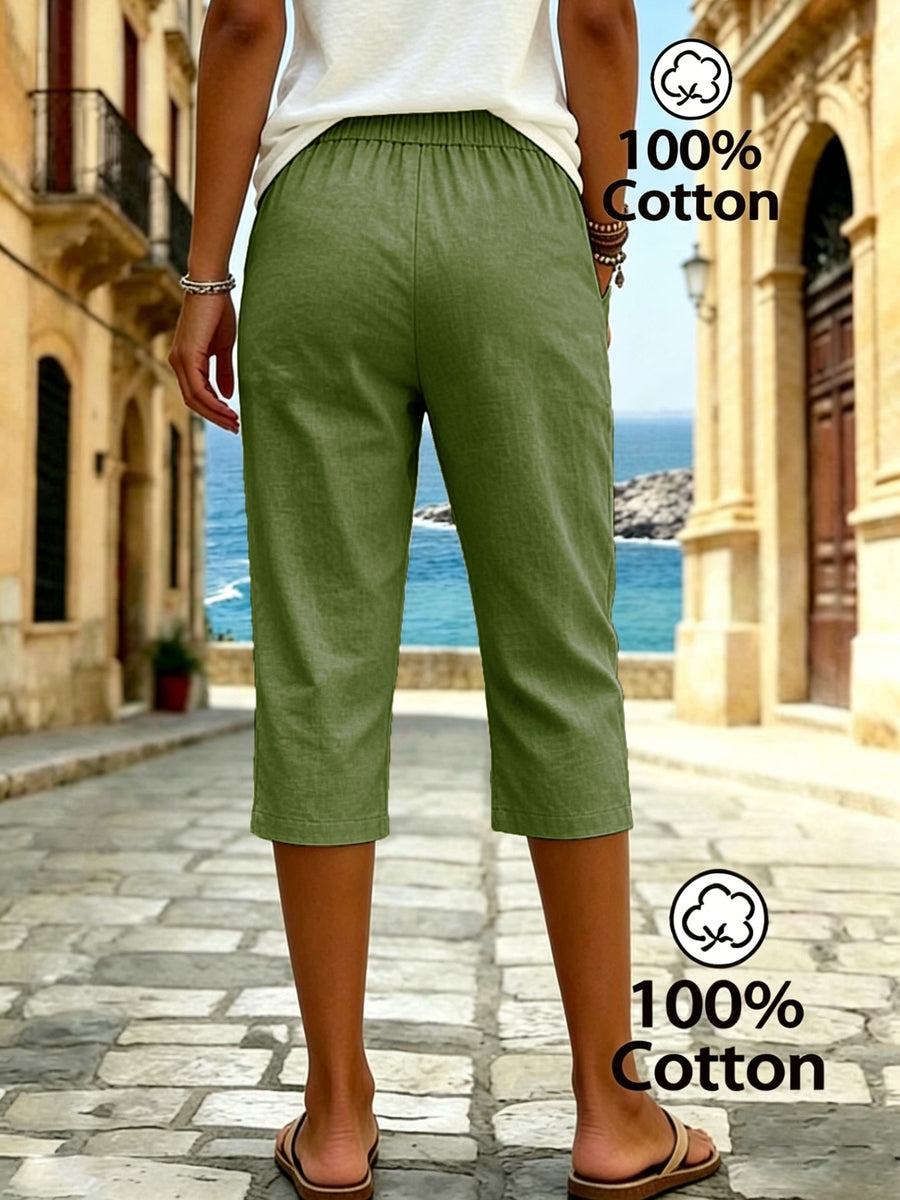 Women's Summer Solid Color Relaxed Fit Casual Mid-Length Pants, Made of Pure Fabric, with Elastic Waistband and Pockets. Loose-Fitting Mid-Length Pants, Suitable for Vacation and Daily Wear - Olive Green