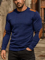 Men'S Fashion Top, Autumn Winter Textured Jacquard Fabric Round Neck Patchwork Contrast Color Long Sleeve Men'S Pullover Sweater - Blue