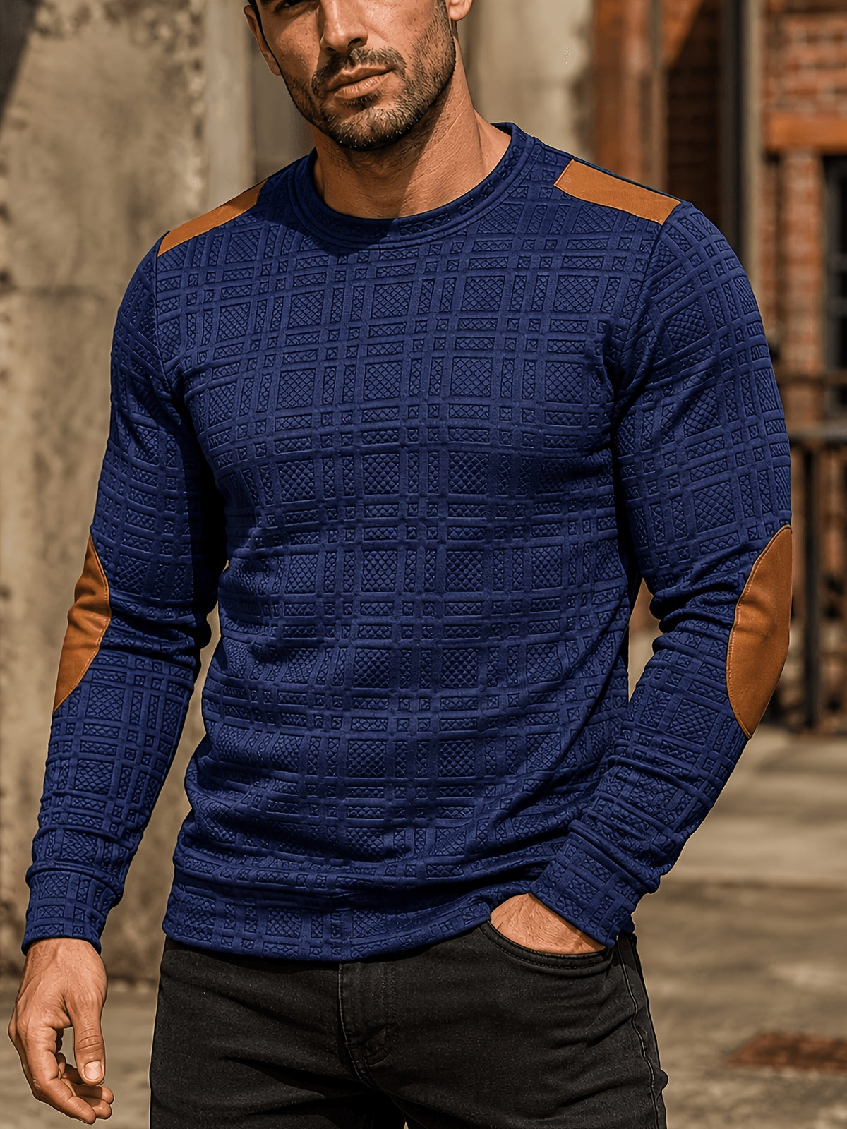 Men'S Fashion Top, Autumn Winter Textured Jacquard Fabric Round Neck Patchwork Contrast Color Long Sleeve Men'S Pullover Sweater - Blue