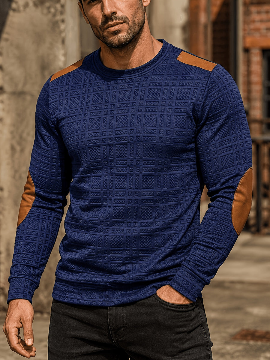 Men'S Fashion Top, Autumn Winter Textured Jacquard Fabric Round Neck Patchwork Contrast Color Long Sleeve Men'S Pullover Sweater - Blue